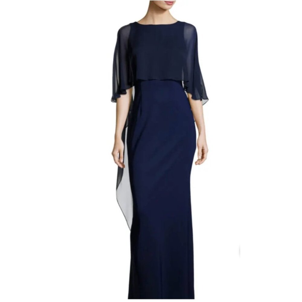 Teri Jon Blue Formal Stretch Crepe Column Gown Dress 12 Silk Wedding Party $760